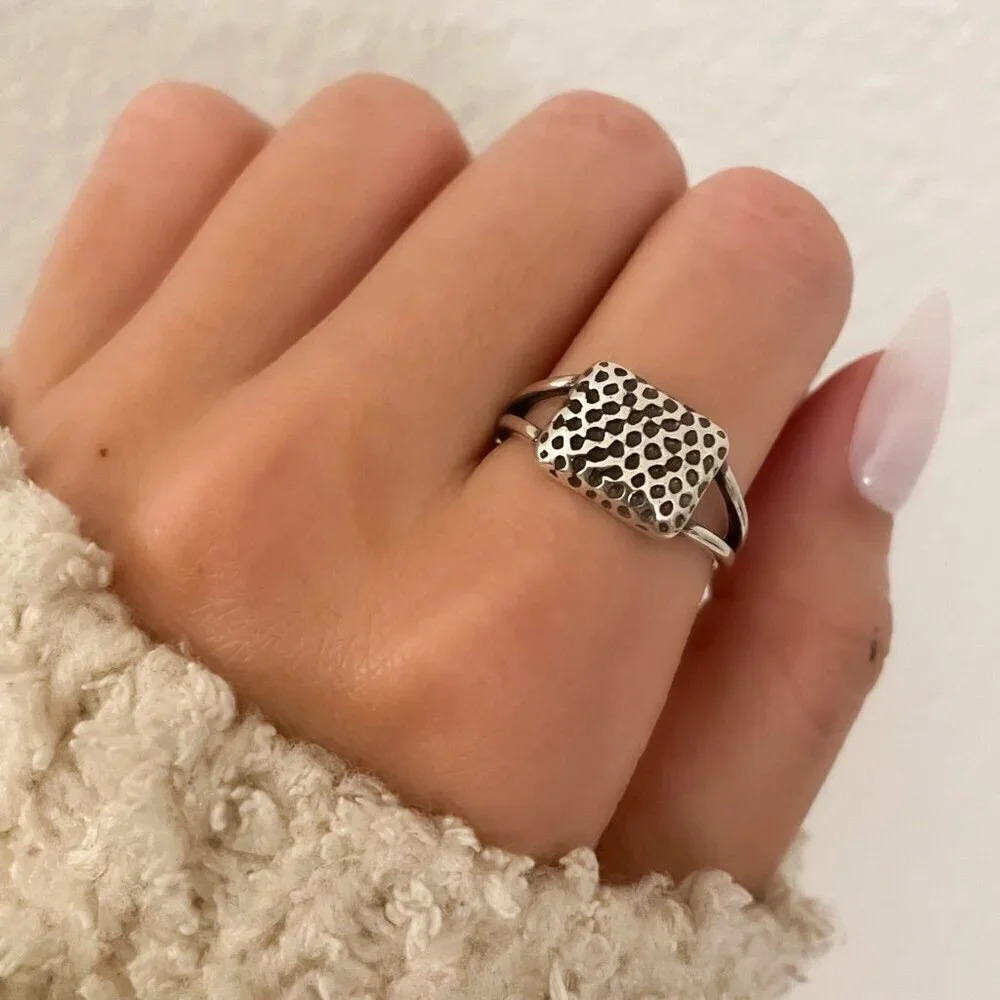 925 Sterling Silver Geometric Ring Square Ring Adjustable Modern Ring Band